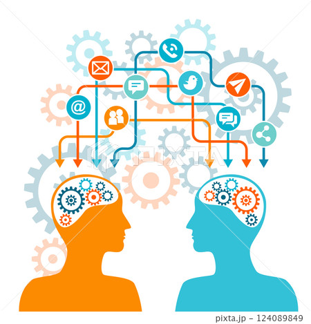 Silhouette of a man's head with gears and communication icons. Social media concept. 124089849