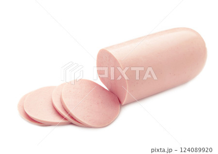 Sliced boiled pork sausage isolated on white background. 124089920