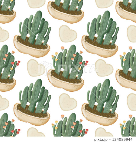 Seamless Pattern with Cactus Plants. Variety cute of different types of cactus, hand drawn. 124089944