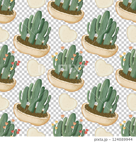 Seamless Pattern with Cactus Plants. Variety cute of different types of cactus, hand drawn. 124089944