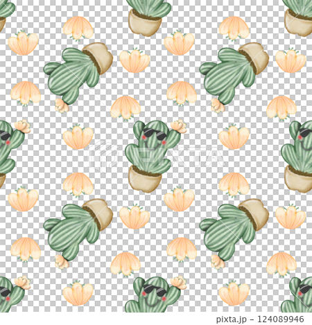 Seamless Pattern with Cactus Plants. Variety cute of different types of cactus, hand drawn. 124089946