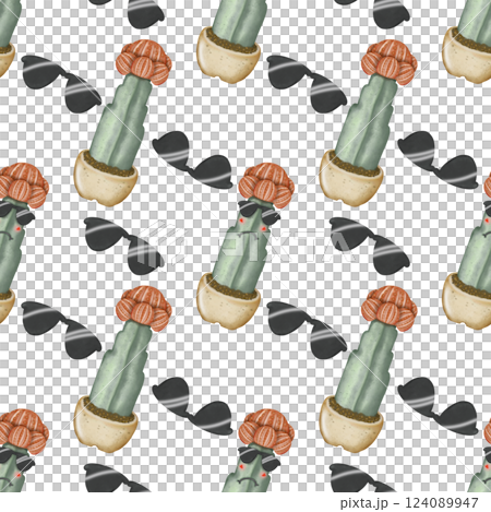 Seamless Pattern with Cactus Plants. Variety cute of different types of cactus, hand drawn. 124089947