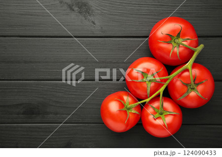 Bunch of fresh tomatoes on black background. Harvesting tomatoes. Space for text 124090433