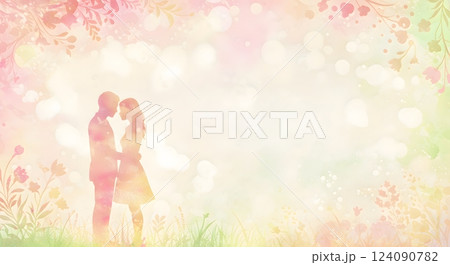 Romantic Silhouette of Couple in Floral Background, Dreamy Love Scene Romantic Silhouette of Couple in Floral Background, Dreamy Love Scene 124090782