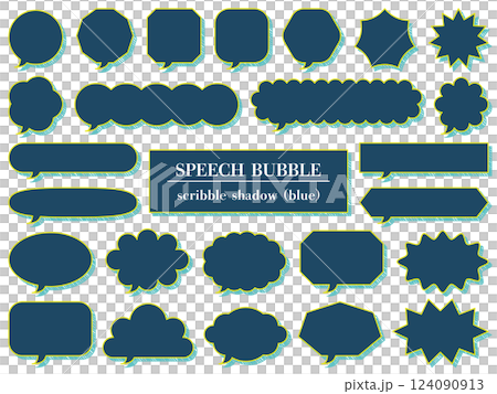 落書き風の影の吹き出し25個セットのイラスト（青） 124090913