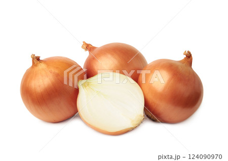 Yellow onion isolated on white background. Top view 124090970