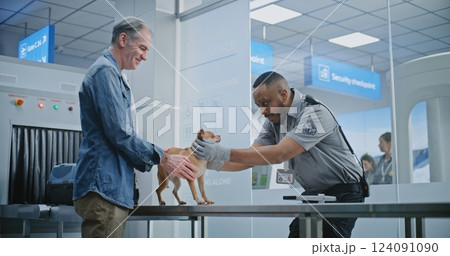 Airport Terminal: Mature Man with Pet at Security Checkpoint 124091090