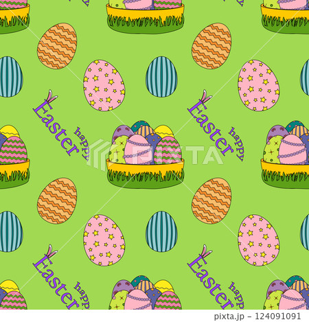 Seamless Pattern with Colorful Easter Eggs and Baskets Seamless Pattern with Colorful Easter Eggs and Baskets 124091091