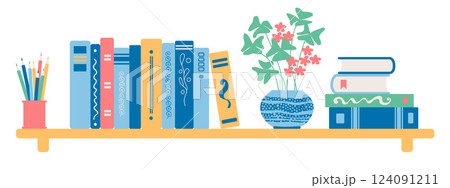 Books at bookshelf, school education or bookstore shelf, library bookcase vector illustration set 124091211
