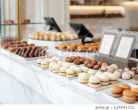 A luxury gourmet dessert shop in Paris, featuring colorful macarons and chocolate truffles 124091722
