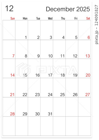 December 2025 calendar page isolated on white background. December 2025 calendar page isolated on white background. 124091827