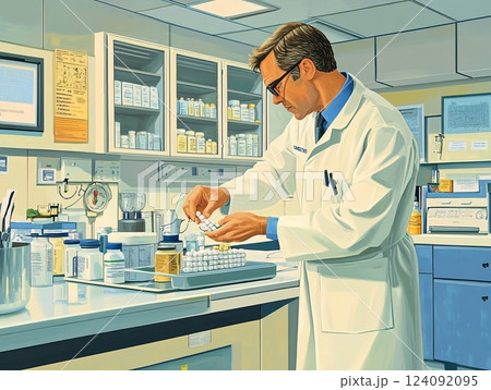 A Focused Physician in a Modern Clinical Setting Prepares Medication with Precision and Care in a Clean, Bright Environment Dedicated to Patient Safety and Professionalism 124092095