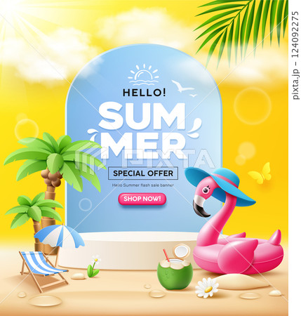 Summer sale podium, pink flamingo inflatable swimming pool, coconut trees, beach umbrella 124092275
