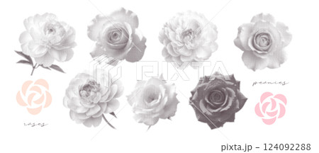 Trendy dotted halftone collage springtime element collection. Set of monochrome roses for valentines day and march 8. Fashionable retro collage from the 80s. Vector illustration 124092288