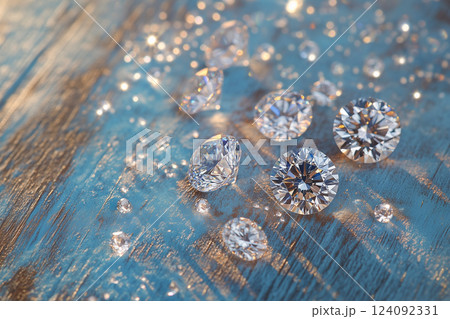 Top View of Sparkling Diamonds on a Minimalist Studio Background 124092331