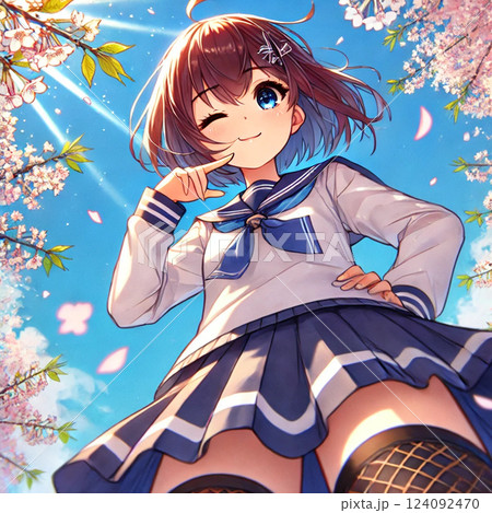 桜の下でお花見をする女子高生 124092470