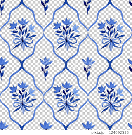 classic seamless watercolor pattern with cute blue flowers bows and ribbons on tiles. classic seamless watercolor pattern with cute blue flowers bows and ribbons on tiles. 124092536