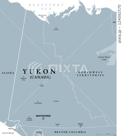 Yukon, westernmost territory of Canada, gray political map, with capital Whitehorse and seven more municipalities. Yukon borders the Beaufort Sea, Alaska, British Columbia and Northwest Territories. Yukon, westernmost territory of Canada, gray political map, with capital Whitehorse and seven more municipalities. Yukon borders the Beaufort Sea, Alaska, British Columbia and Northwest Territories. 124092570