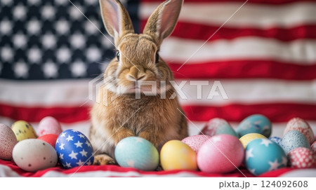 a cute brown rabbit sitting among colorful Easter eggs, with an American flag as the background 124092608