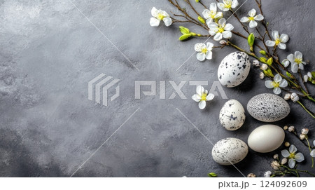 speckled Easter eggs and delicate white blossoms arranged on a textured grey concrete background 124092609