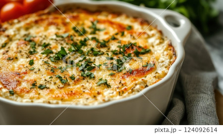 a freshly baked casserole with a golden-brown cheese crust, garnished with finely chopped fresh herbs 124092614