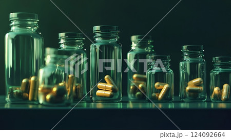 Dazzling Array of Transparent Glass Bottles Showcasing Golden Capsules on a Vibrant Green Surface Against a Dark Background, Evoking Modern Sophistication and Intrigue 124092664