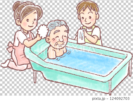 入浴介助_高齢男性_男女介護士_介護のイラスト 124092703