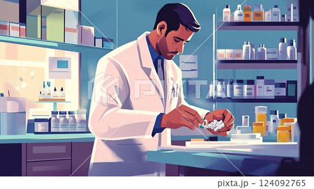 A Focused Physician in a Modern Clinical Environment, Preparing Medication with Precision in a Bright and Sterile Workspace Filled with Organized Medical Supplies and Professional Tools A Focused Physician in a Modern Clinical Environment, Preparing Medication with Precision in a Bright and Sterile Workspace Filled with Organized Medical Supplies and Professional Tools 124092765