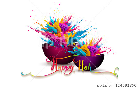 Happy Holi Indian Festival Banner, Colorful gulaal, powder color, party card with colourful explosion patterned and crystals on white paper Background, vector illustration vibrant color template Happy Holi Indian Festival Banner, Colorful gulaal, powder color, party card with colourful explosion patterned and crystals on white paper Background, vector illustration vibrant color template 124092850