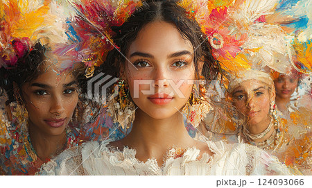 Ethereal women adorned in colorful headdresses and jewels create a magical, artistic portrait. 124093066
