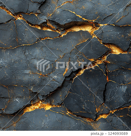 Dramatic dark gray rock showcases intricate golden veins, creating a luxurious textured background. Dramatic dark gray rock showcases intricate golden veins, creating a luxurious textured background. 124093089