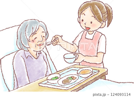 食事介助_ベッド_高齢女性に食事会介助 食事介助_ベッド_高齢女性に食事会介助 124093114