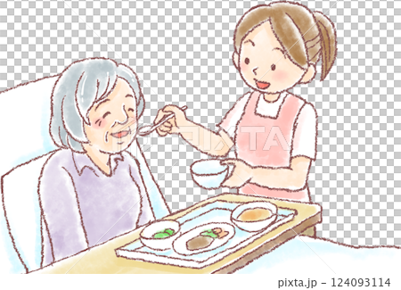 食事介助_ベッド_高齢女性に食事会介助 食事介助_ベッド_高齢女性に食事会介助 124093114