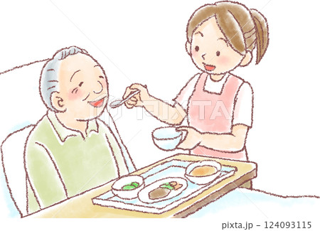 食事介助_ベッド_高齢男性に食事会介助 食事介助_ベッド_高齢男性に食事会介助 124093115