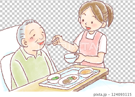 食事介助_ベッド_高齢男性に食事会介助 食事介助_ベッド_高齢男性に食事会介助 124093115