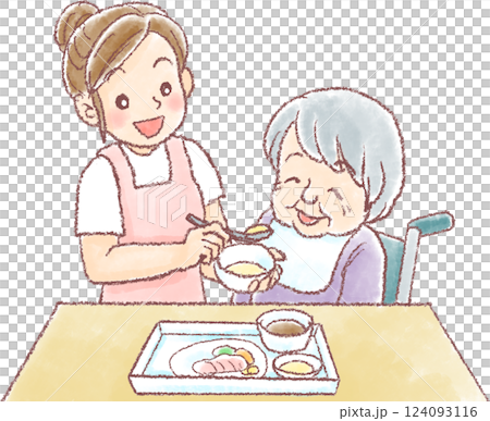 食事介助_車椅子に乗った高齢女性に食事介助 124093116