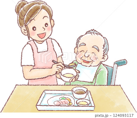 食事介助_車椅子に乗った高齢男性に食事介助 124093117