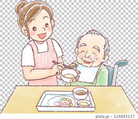 Meal assistance_Meal assistance for an elderly man in a wheelchair 124093117