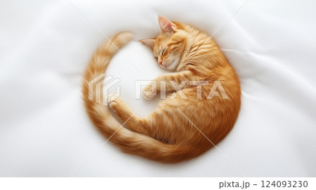 A ginger tabby cat is curled up in a perfect circle on a pristine white background. The cat is sleeping peacefully, its body forming a near-perfect circular shape.  124093230