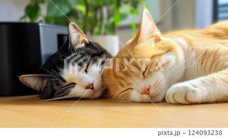 Two adorable cats, one black and white and one ginger, are peacefully sleeping side by side on a wooden surface. Their eyes are closed, and their faces are relaxed. 124093238