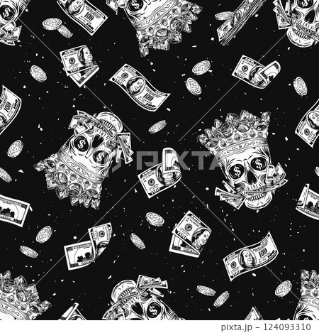 Seamless money pattern with skull in crown, scattered coins, flying 100 dollar banknotes. Concept of money power, wealth, success, money addiction. Vintage style Seamless money pattern with skull in crown, scattered coins, flying 100 dollar banknotes. Concept of money power, wealth, success, money addiction. Vintage style 124093310