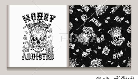 Label, seamless money pattern with skull in crown, scattered coins, flying 100 dollar banknotes. Concept of money power, wealth, success, money addiction. Vintage style 124093315