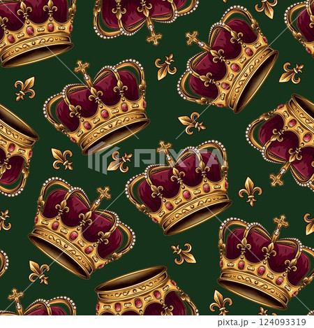 Vintage seamless pattern with golden imperial crown, fleur de lis sign. Chaotic scattered objects on dark green background. Luxury kitsch style. Vintage seamless pattern with golden imperial crown, fleur de lis sign. Chaotic scattered objects on dark green background. Luxury kitsch style. 124093319