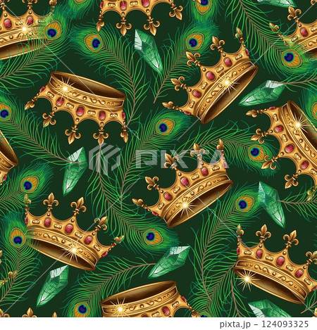 Seamless pattern with golden crown, peacock feathers, gemstone crystals on dark green background. Luxury kitsch design. Detailed composition in vintage style. 124093325