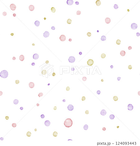 Seamless watercolor polka dot pattern. Playful and versatile pattern of scattering of hand-painted watercolor polka dots in a variety of soft pastel colors 124093443