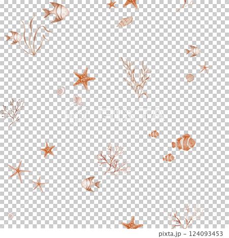Seamless Pattern with Undersea animals. Hand drawn watercolor illustration with sea starfish and jellyfish. Repeat ornament with seaweed plant and sea shell for textile design or wrapping paper. Seamless Pattern with Undersea animals. Hand drawn watercolor illustration with sea starfish and jellyfish. Repeat ornament with seaweed plant and sea shell for textile design or wrapping paper. 124093453