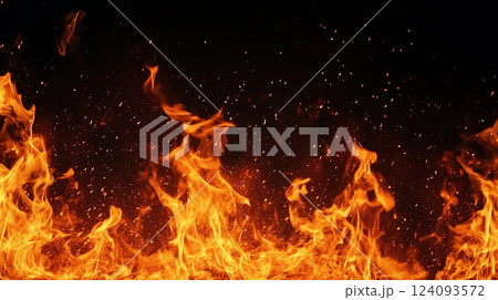 燃え上がる炎と火の粉のイメージ、黒背景 燃え上がる炎と火の粉のイメージ、黒背景 124093572