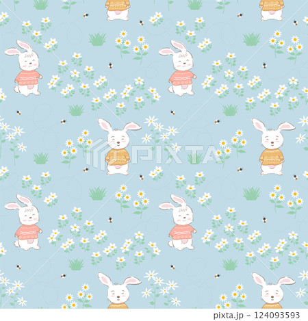 Seamless pattern with cute bunny and little bees on wildflowers field background Seamless pattern with cute bunny and little bees on wildflowers field background 124093593