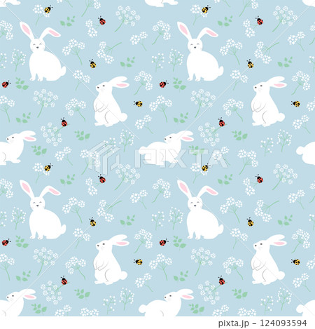 Easter seamless pattern with cute bunny,flowers and ladybug on springtime Easter seamless pattern with cute bunny,flowers and ladybug on springtime 124093594