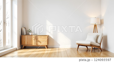Warm wood tones and soft light in a bright minimalist room with wooden sideboard and cozy decor 124093597